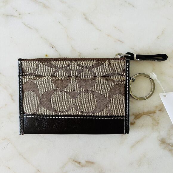 COACH Khaki Chestnut Signature Mini Skinny Cardholder Keychain Keyring Wallet - Picture 4 of 6